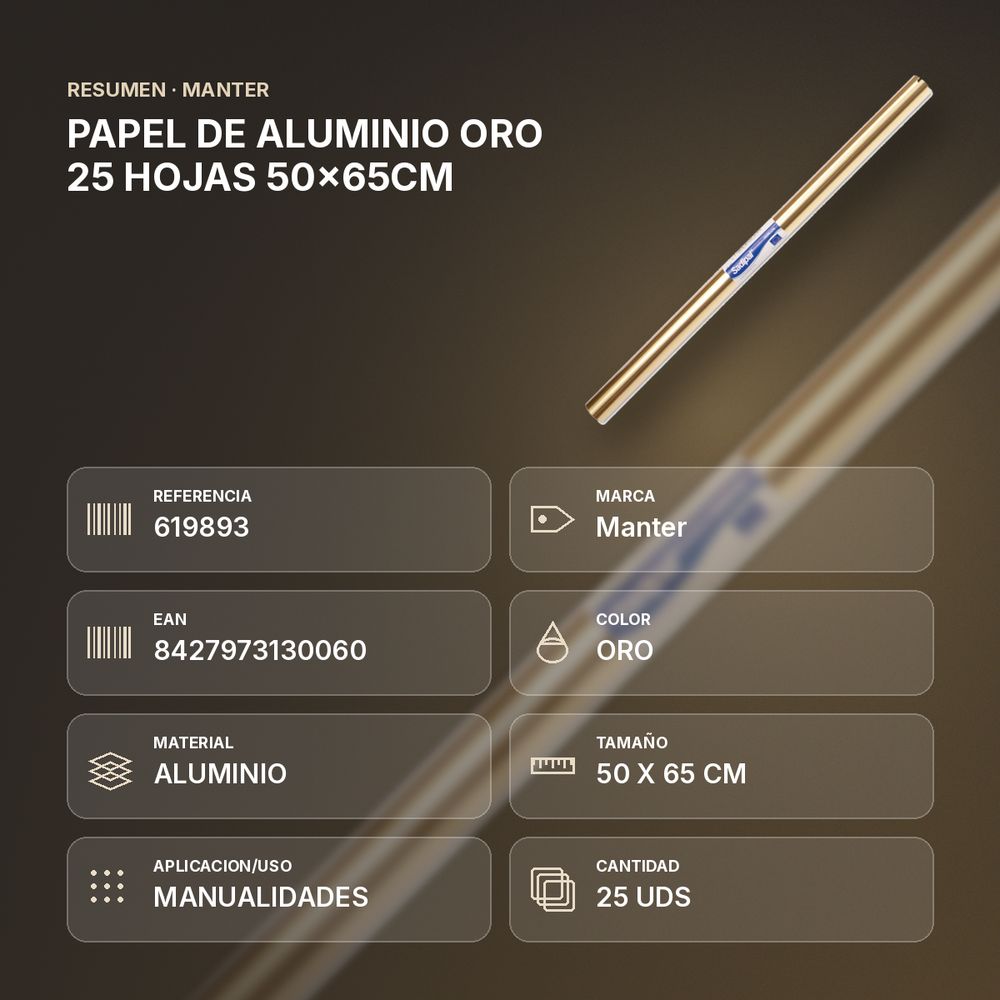 PAPEL DE ALUMINIO ORO 25 HOJAS 50x65CM - resumen de atributos