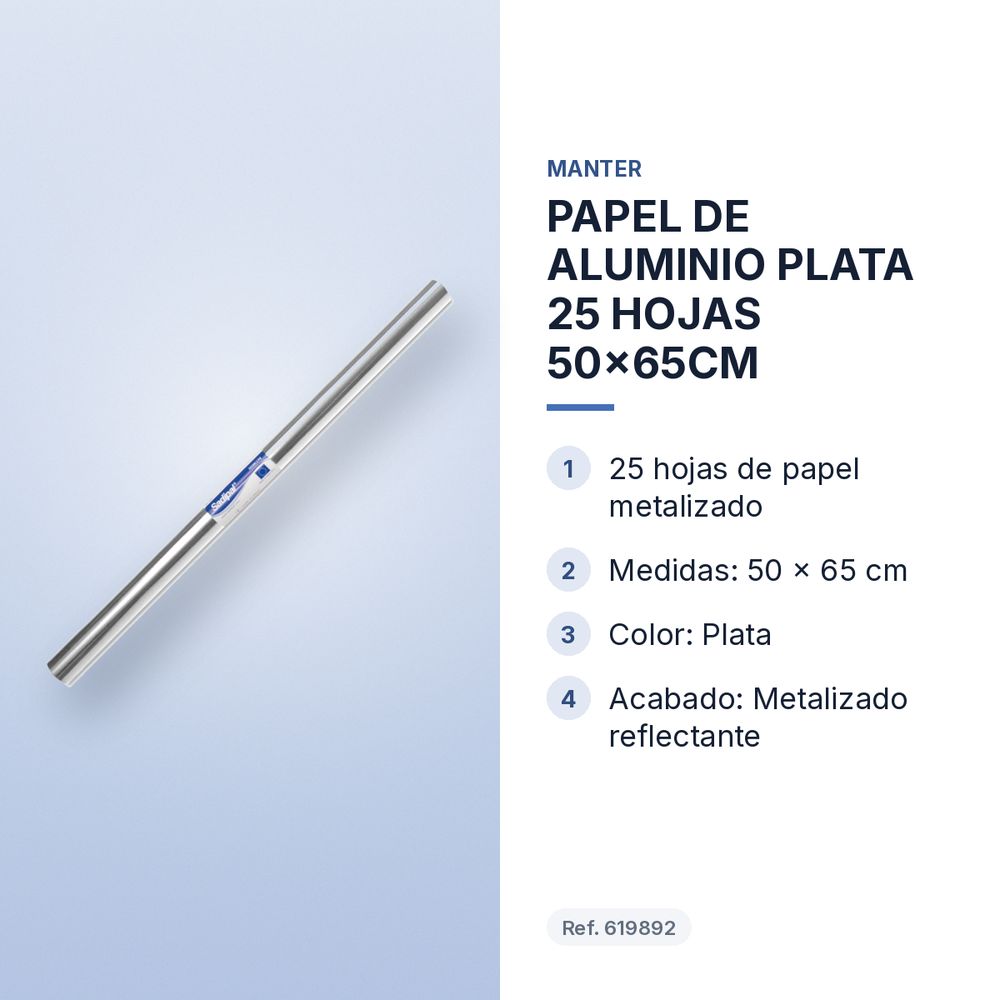 PAPEL DE ALUMINIO PLATA 25 HOJAS 50x65CM - características principales