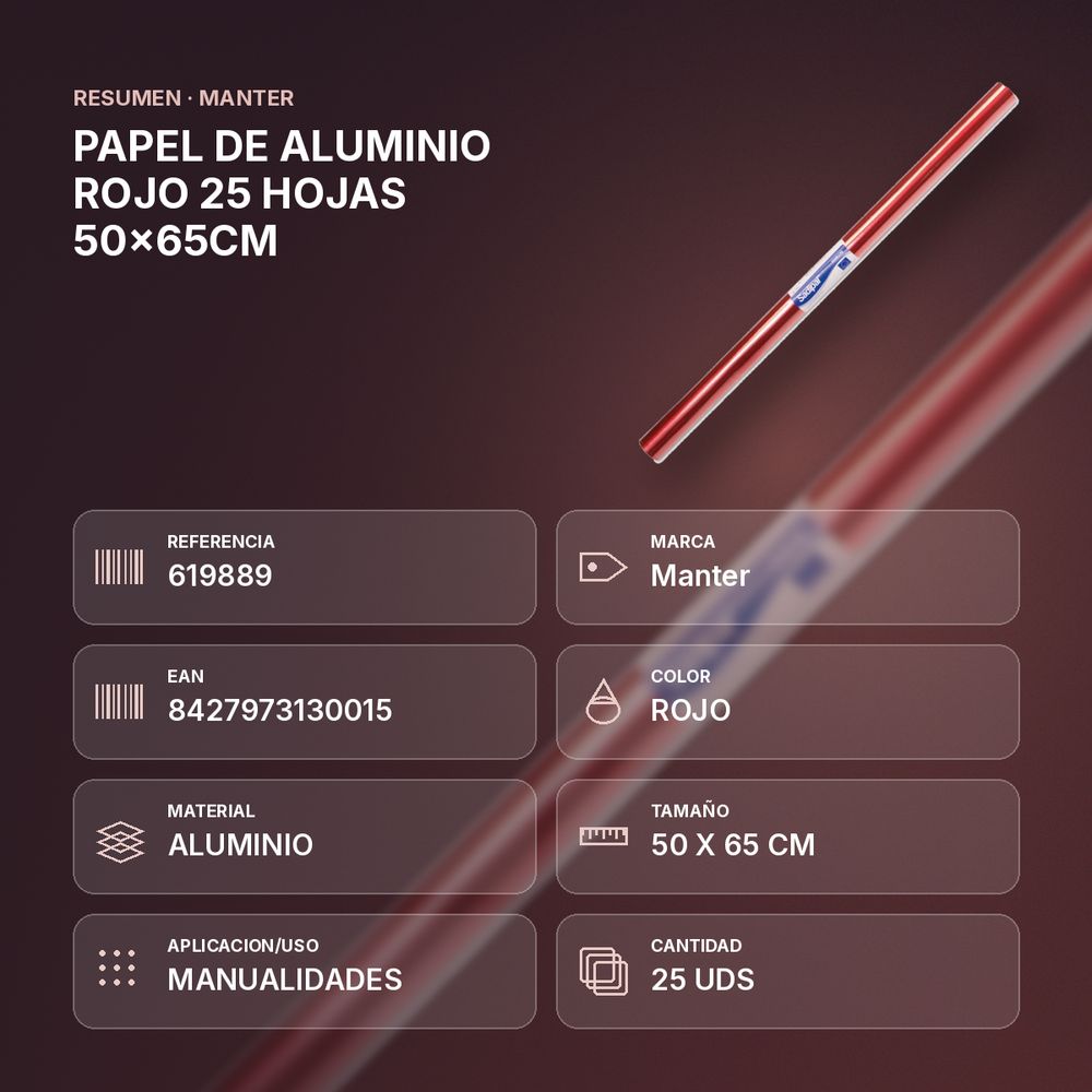 PAPEL DE ALUMINIO ROJO 25 HOJAS 50x65CM - resumen de atributos