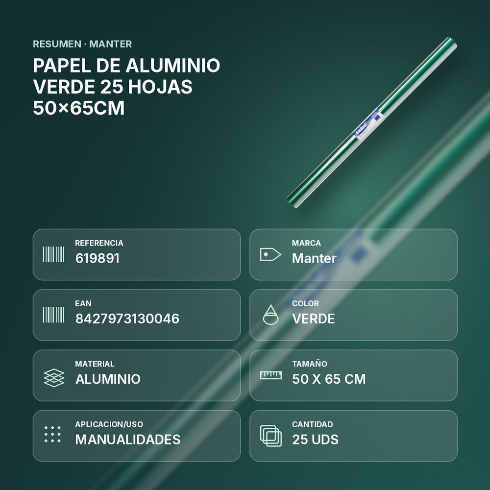 PAPEL DE ALUMINIO VERDE 25 HOJAS 50x65CM - resumen de atributos