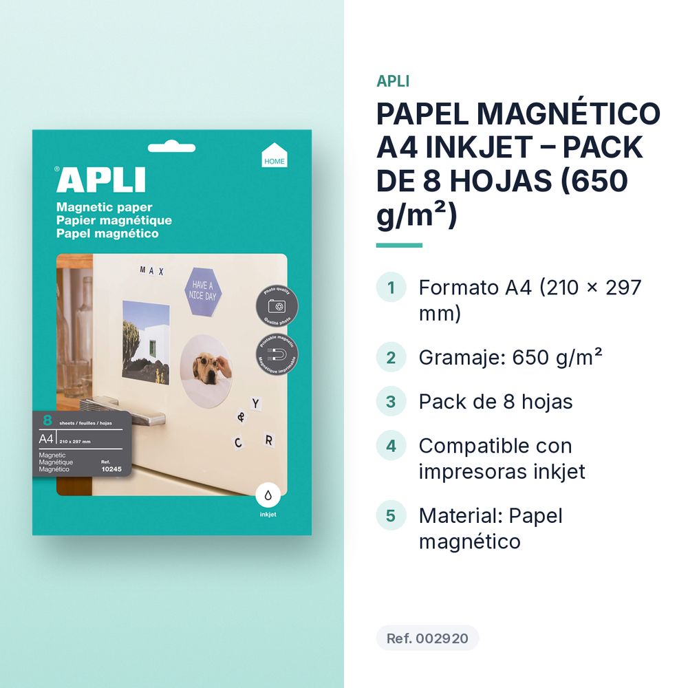 PAPEL MAGNÉTICO A4 INKJET – PACK DE 8 HOJAS (650 g/m²) - características principales
