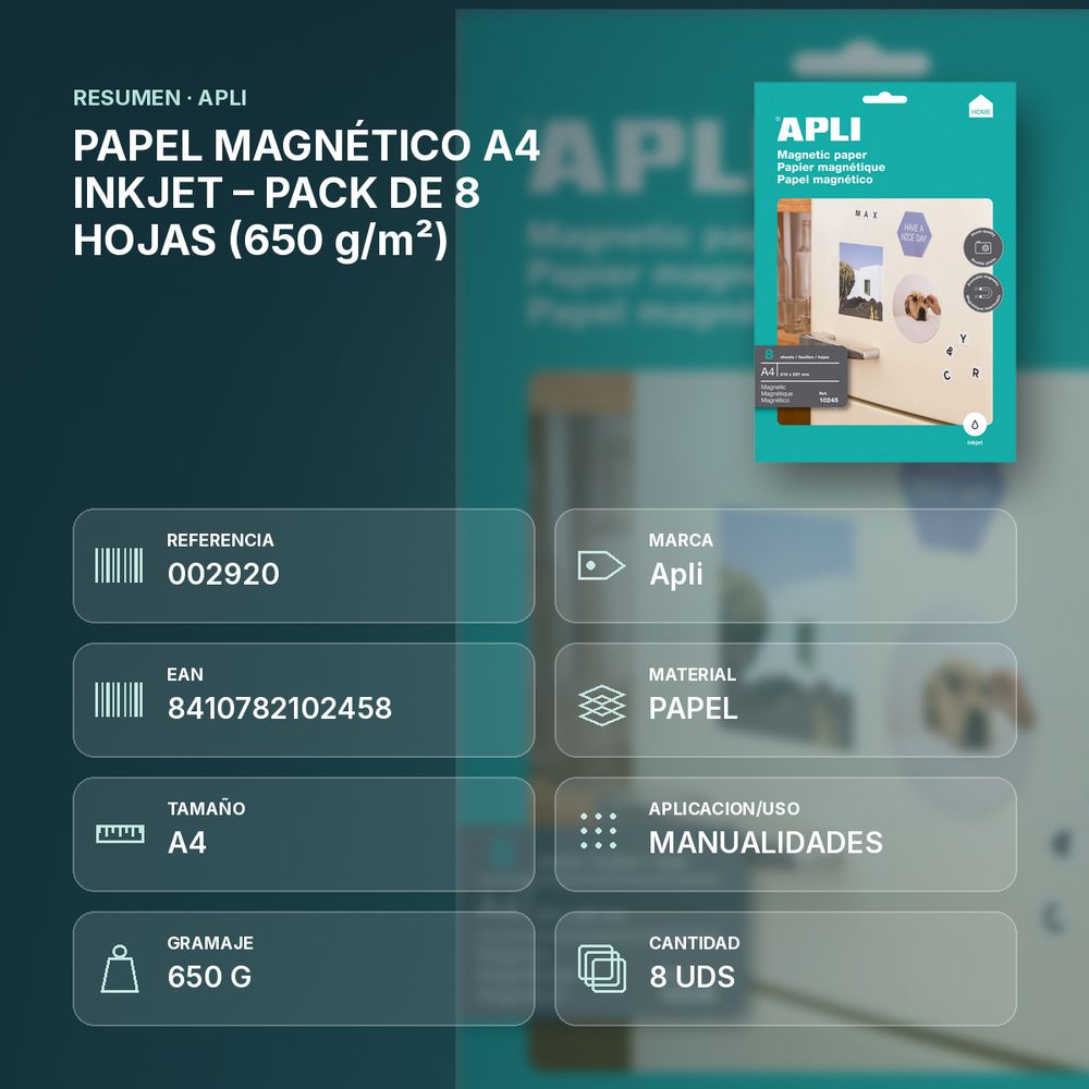 PAPEL MAGNÉTICO A4 INKJET – PACK DE 8 HOJAS (650 g/m²) - resumen de atributos