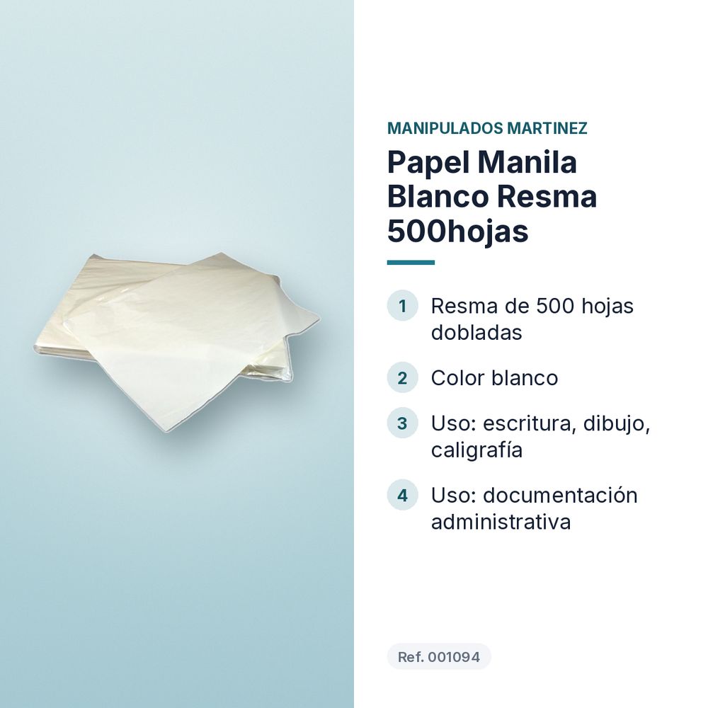 PAPEL MANILA BLANCO RESMA 500HOJAS  - características principales