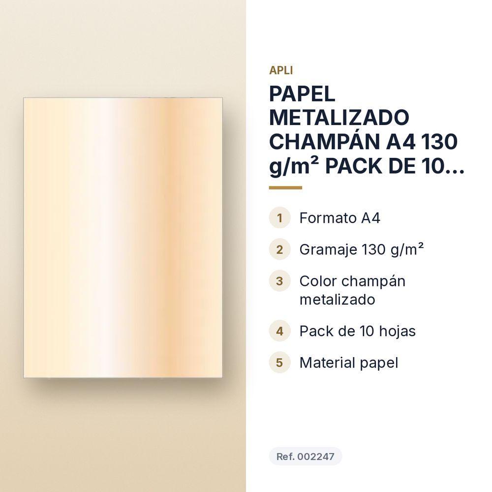 PAPEL METALIZADO CHAMPÁN A4 130 g/m² PACK DE 10 HOJAS - características principales