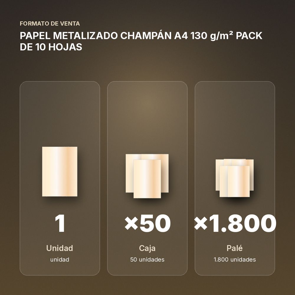 PAPEL METALIZADO CHAMPÁN A4 130 g/m² PACK DE 10 HOJAS - formato de venta: caja de 50, palé de 1800
