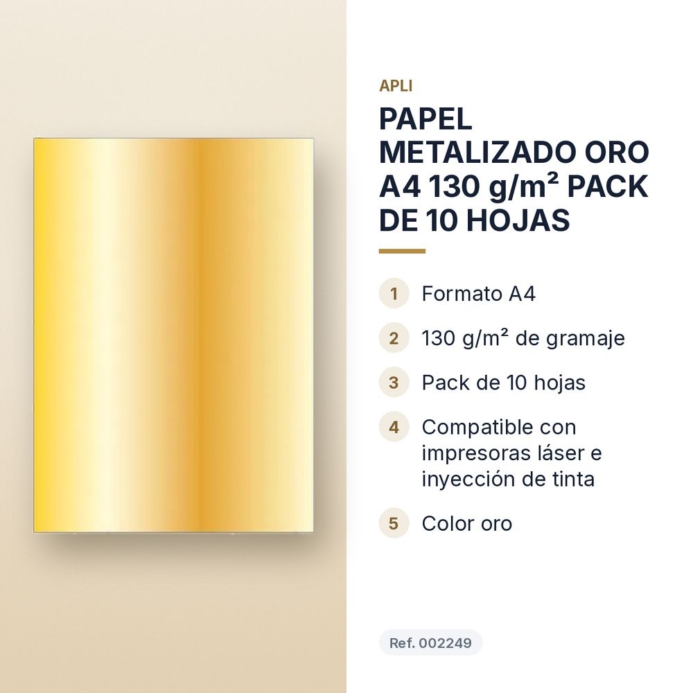 PAPEL METALIZADO ORO A4 130 g/m² PACK DE 10 HOJAS - características principales