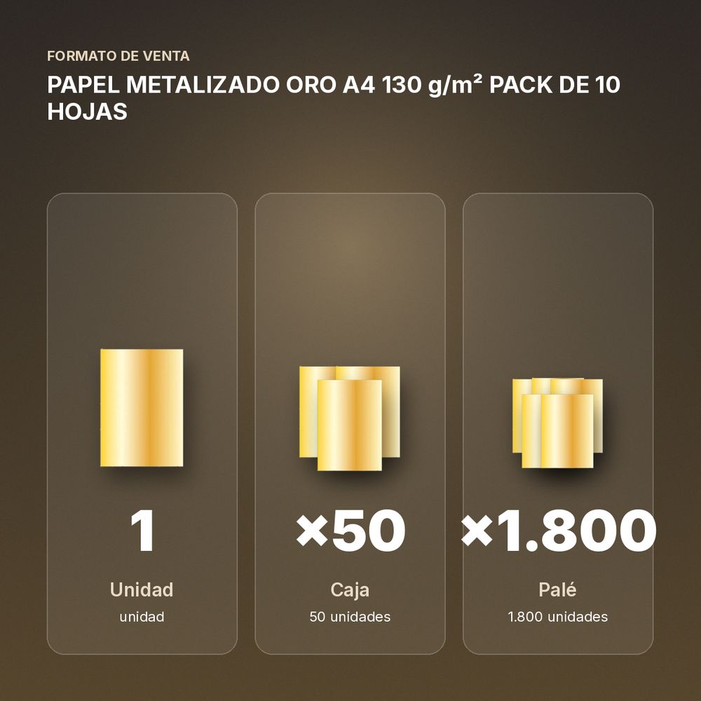 PAPEL METALIZADO ORO A4 130 g/m² PACK DE 10 HOJAS - formato de venta: caja de 50, palé de 1800