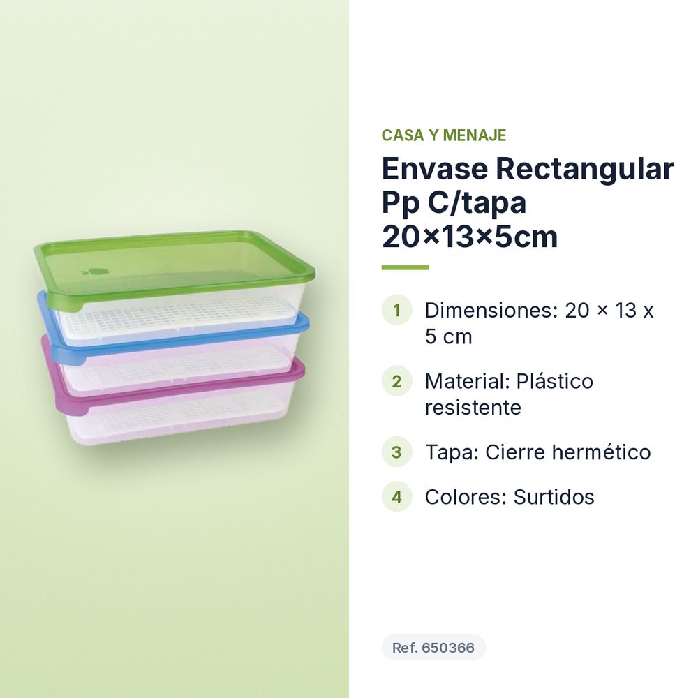 ENVASE RECTANGULAR PP C/TAPA 20X13X5CM - características principales
