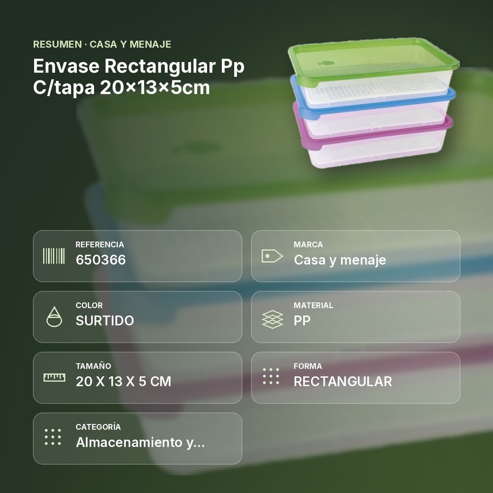 ENVASE RECTANGULAR PP C/TAPA 20X13X5CM - resumen de atributos