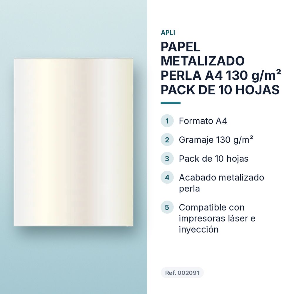 PAPEL METALIZADO PERLA A4 130 g/m² PACK DE 10 HOJAS - características principales