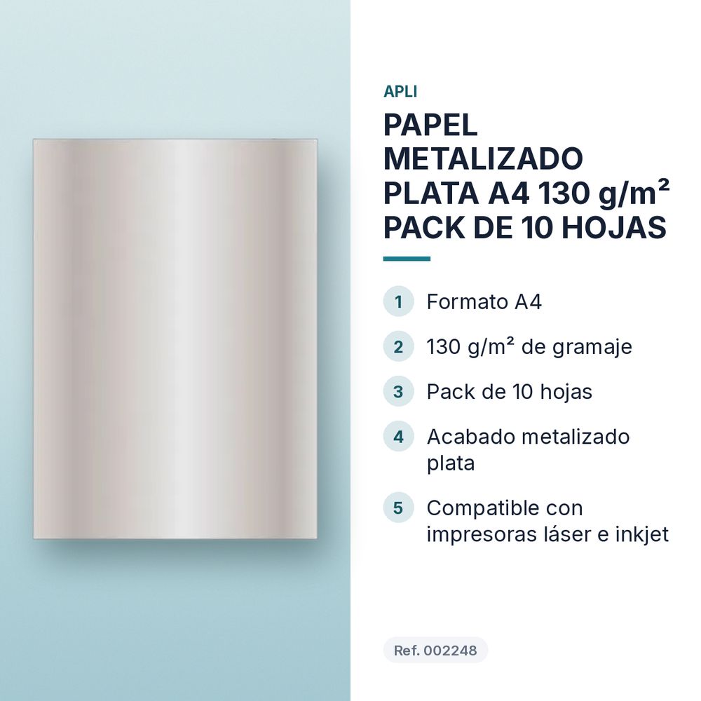 PAPEL METALIZADO PLATA A4 130 g/m² PACK DE 10 HOJAS - características principales
