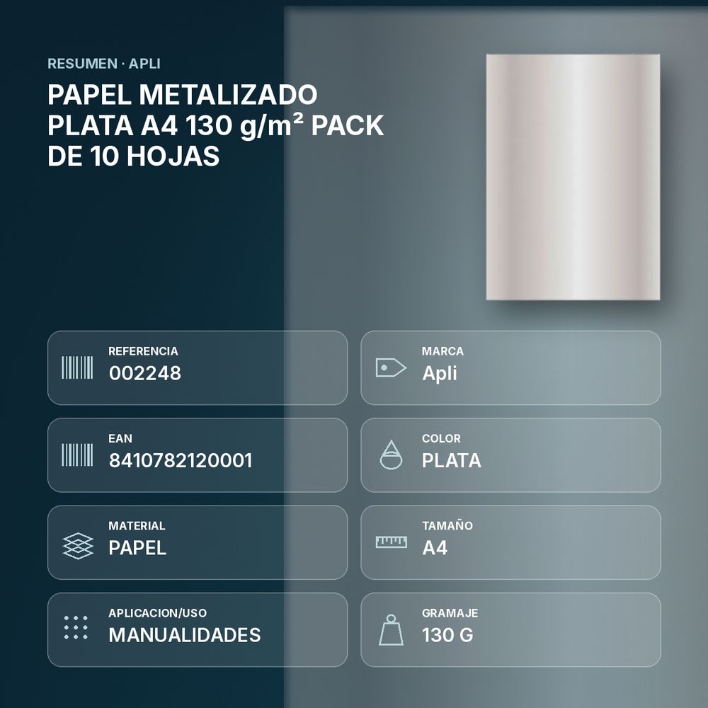PAPEL METALIZADO PLATA A4 130 g/m² PACK DE 10 HOJAS - resumen de atributos