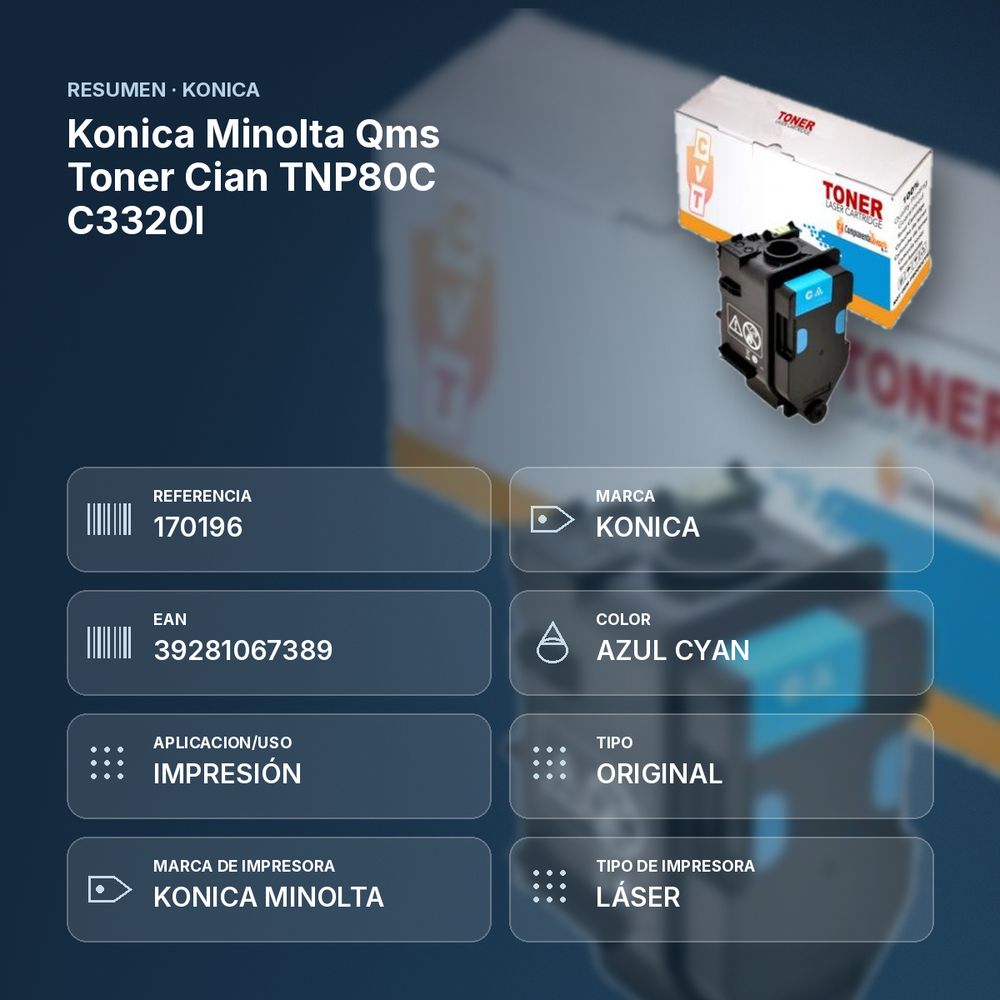 KONICA MINOLTA QMS TONER CIAN TNP80C C3320I - resumen de atributos