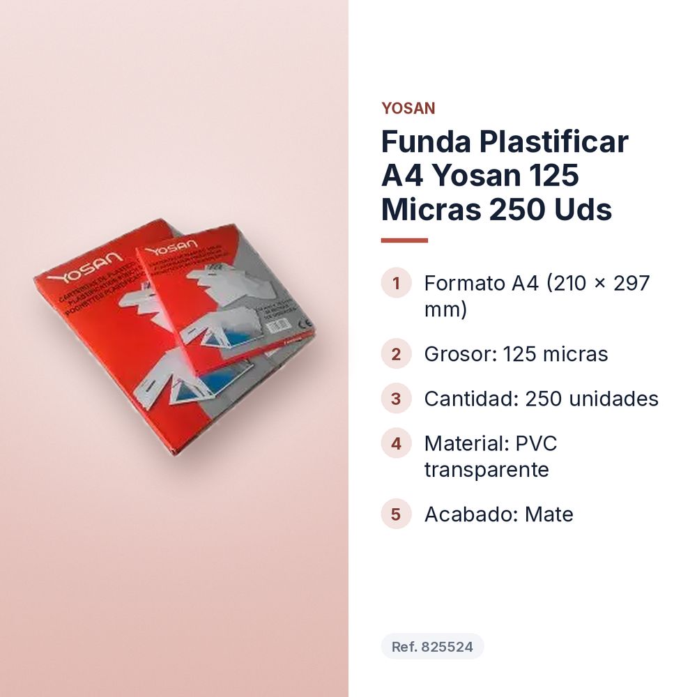 FUNDA PLASTIFICAR A4 YOSAN 125 MICRAS 250 UDS - características principales