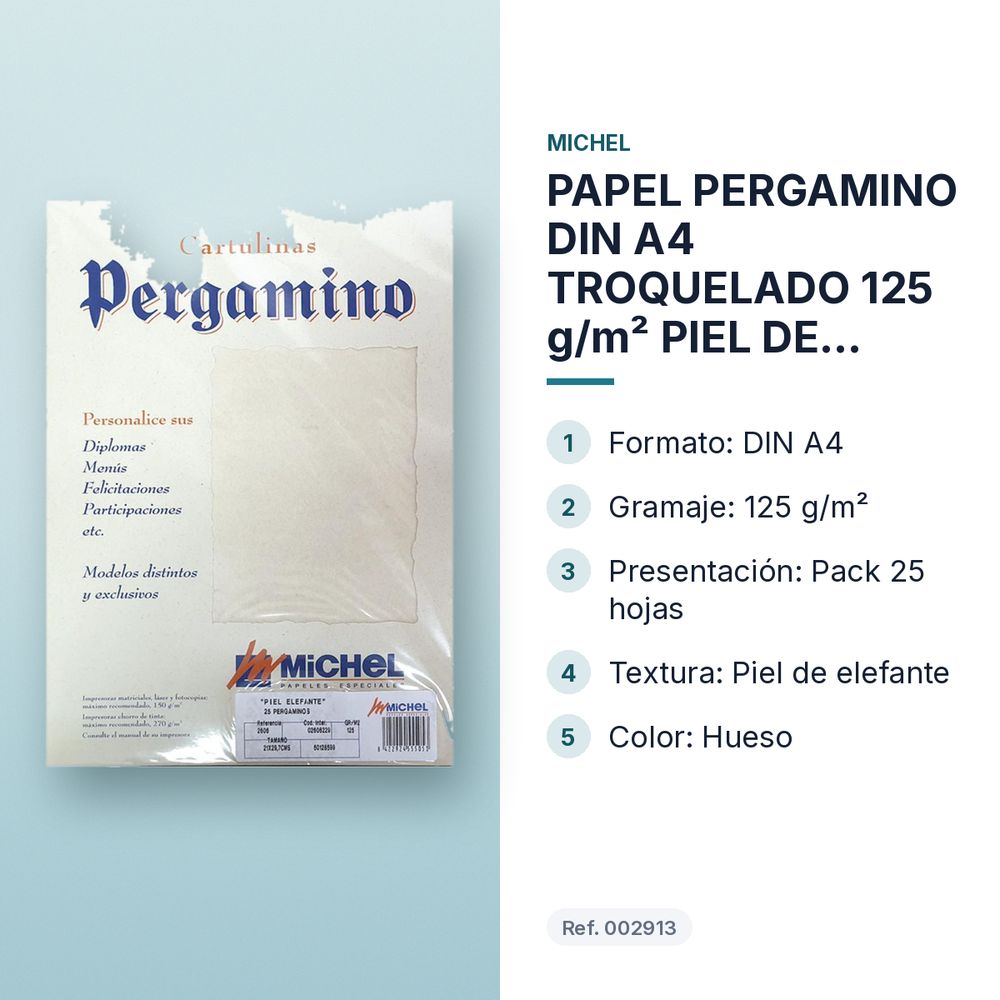PAPEL PERGAMINO DIN A4 TROQUELADO 125 g/m² PIEL DE ELEFANTE COLOR HUESO PACK 25 HOJAS - características principales
