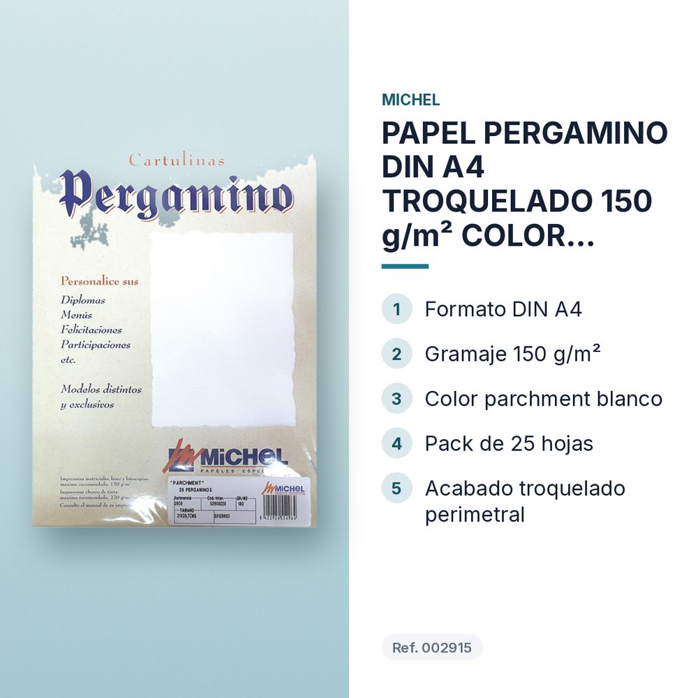 PAPEL PERGAMINO DIN A4 TROQUELADO 150 g/m² COLOR PARCHMENT BLANCO PACK 25 HOJAS - características principales