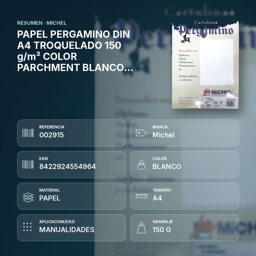 PAPEL PERGAMINO DIN A4 TROQUELADO 150 g/m² COLOR PARCHMENT BLANCO PACK 25 HOJAS - resumen de atributos