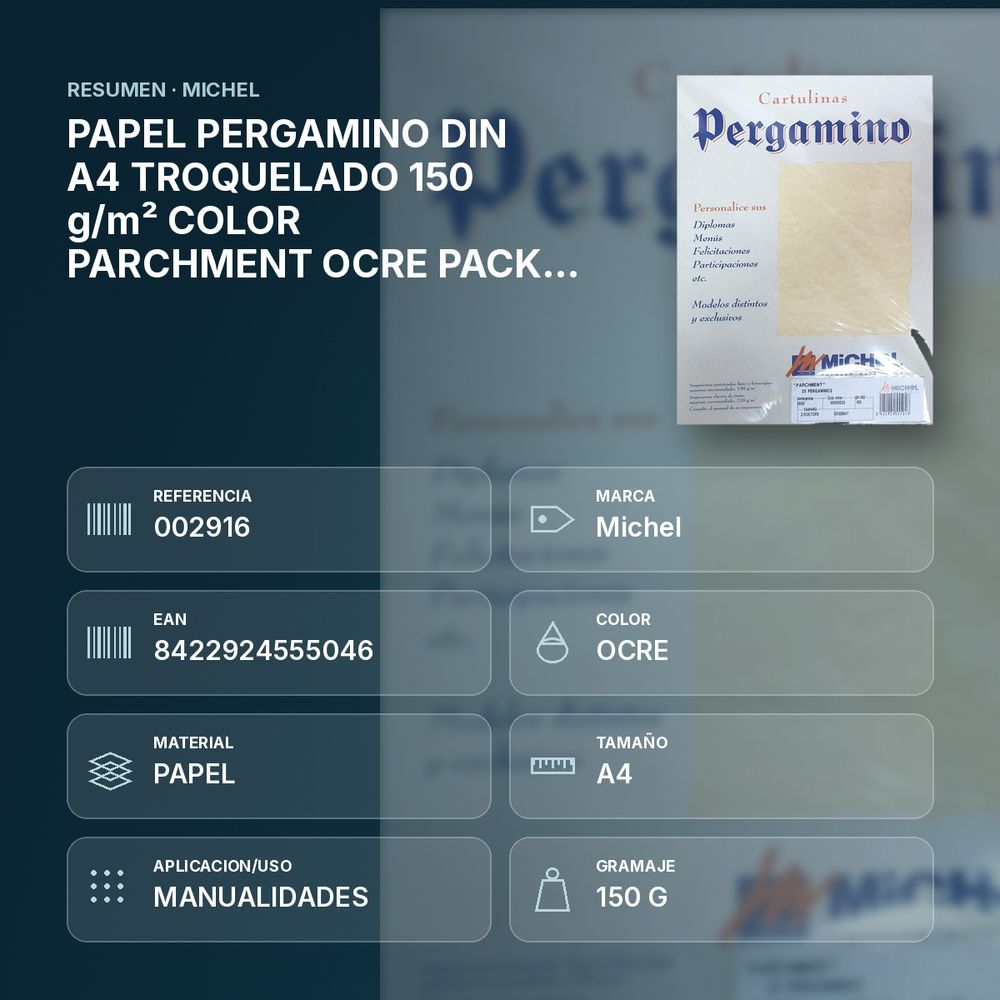 PAPEL PERGAMINO DIN A4 TROQUELADO 150 g/m² COLOR PARCHMENT OCRE PACK 25 HOJAS - resumen de atributos