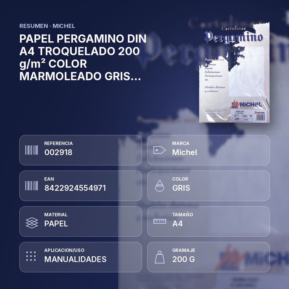 PAPEL PERGAMINO DIN A4 TROQUELADO 200 g/m² COLOR MARMOLEADO GRIS PACK 25 HOJAS - resumen de atributos