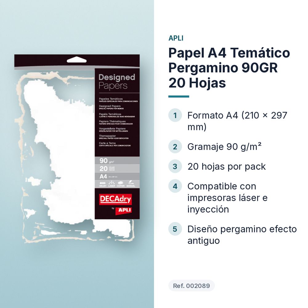 PAPEL A4 TEMÁTICO PERGAMINO 90GR 20 HOJAS - características principales