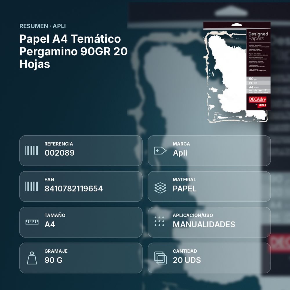 PAPEL A4 TEMÁTICO PERGAMINO 90GR 20 HOJAS - resumen de atributos