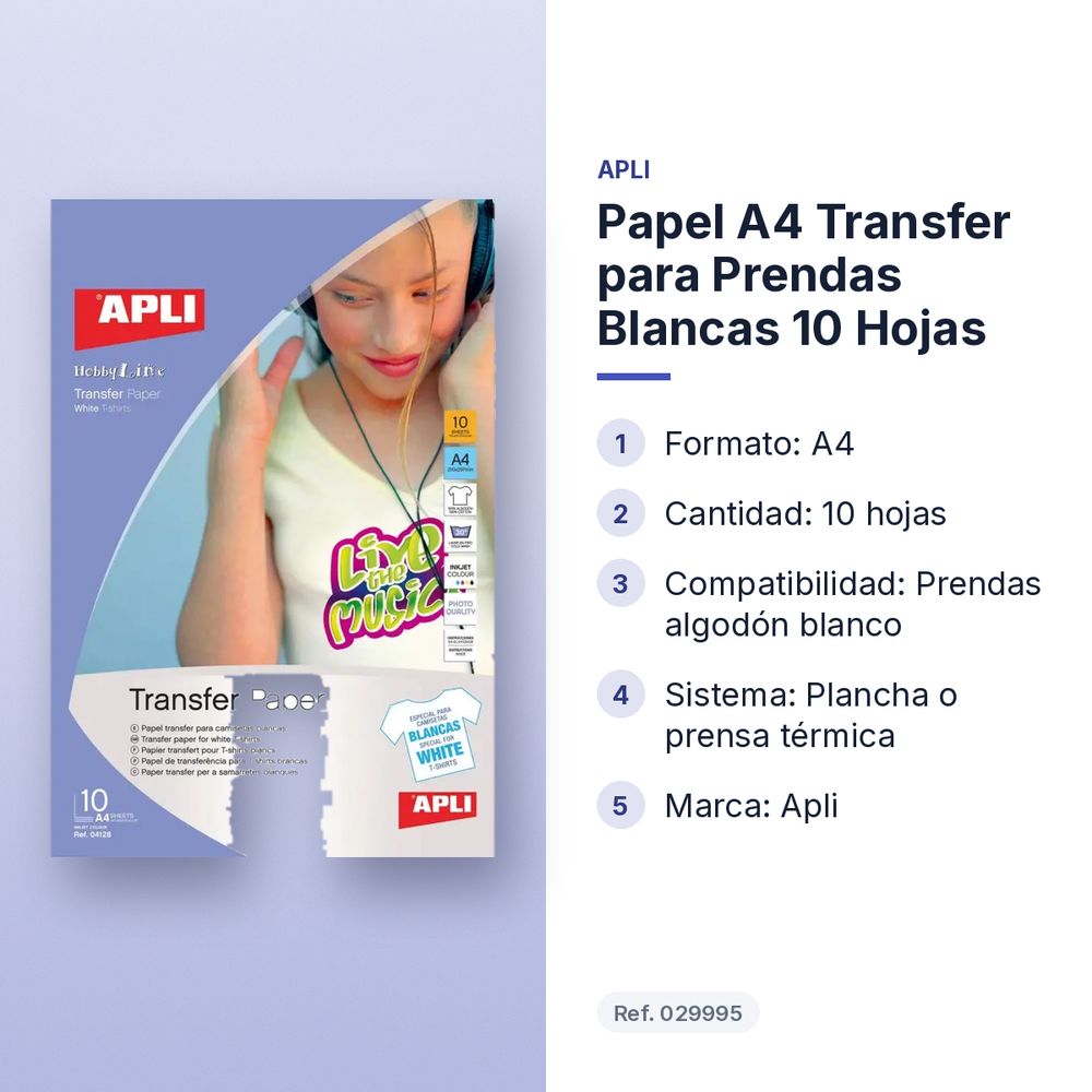 PAPEL A4 TRANSFER PARA PRENDAS BLANCAS 10 HOJAS - características principales