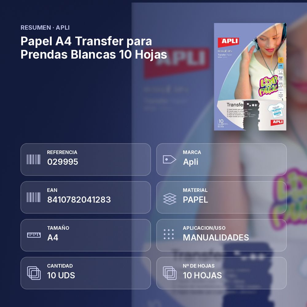 PAPEL A4 TRANSFER PARA PRENDAS BLANCAS 10 HOJAS - resumen de atributos