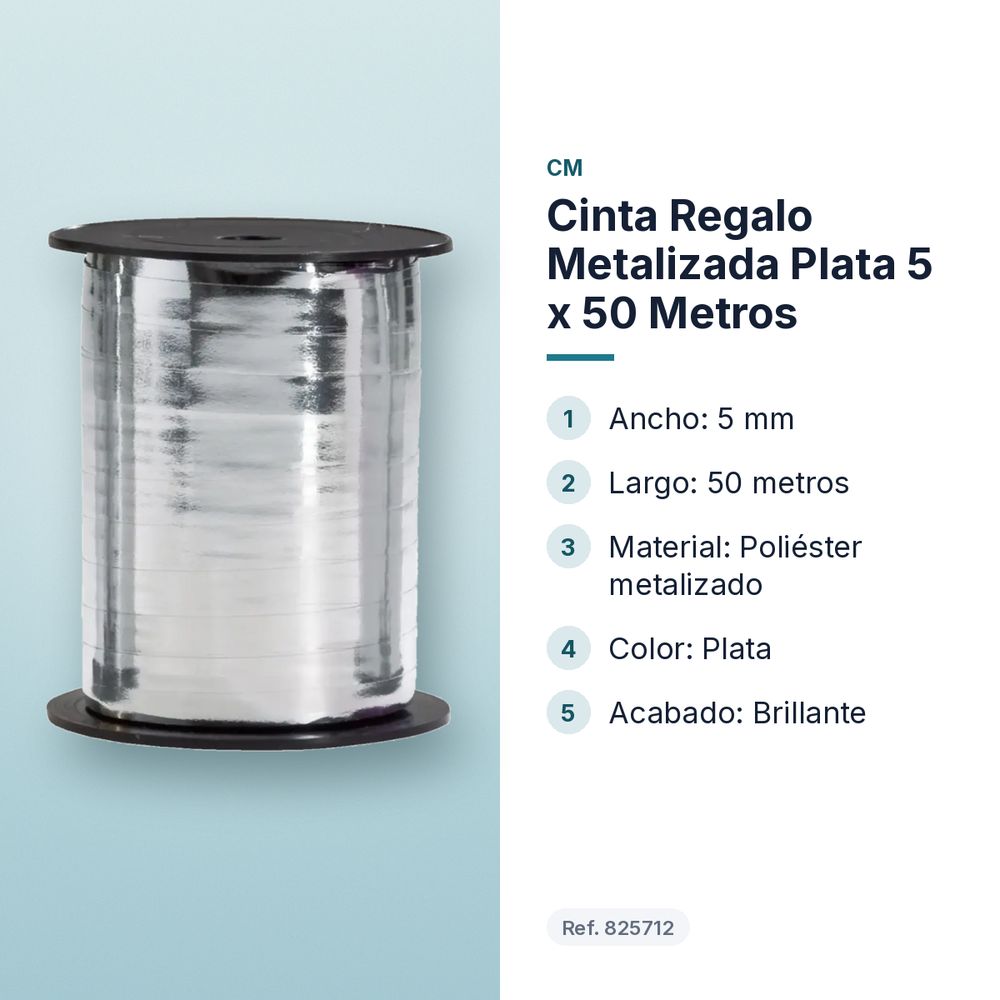 CINTA REGALO METALIZADA PLATA 5 X 50 METROS - características principales