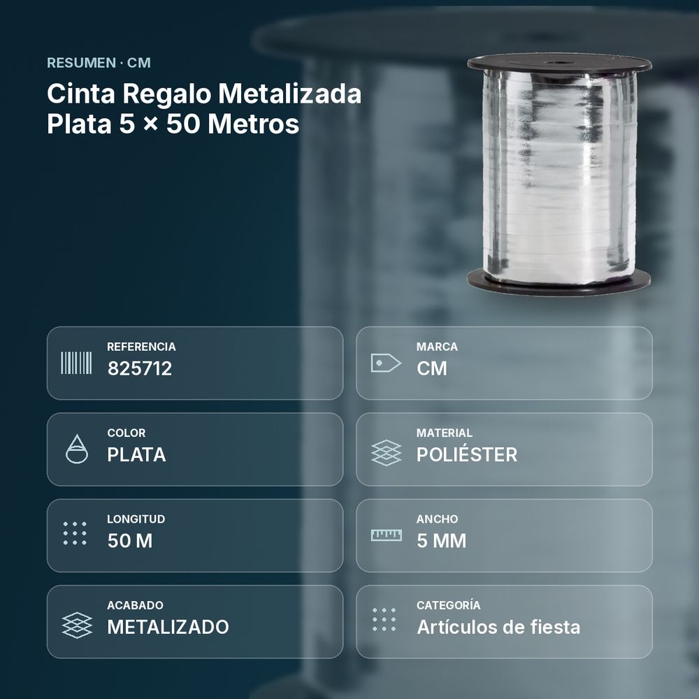 CINTA REGALO METALIZADA PLATA 5 X 50 METROS - resumen de atributos