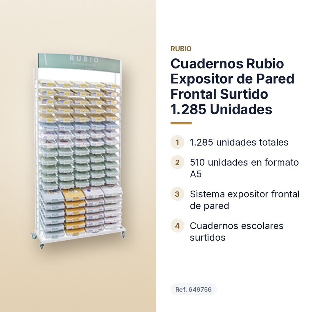 CUADERNOS RUBIO EXPOSITOR DE PARED FRONTAL SURTIDO 1.285 UNIDADES - características principales