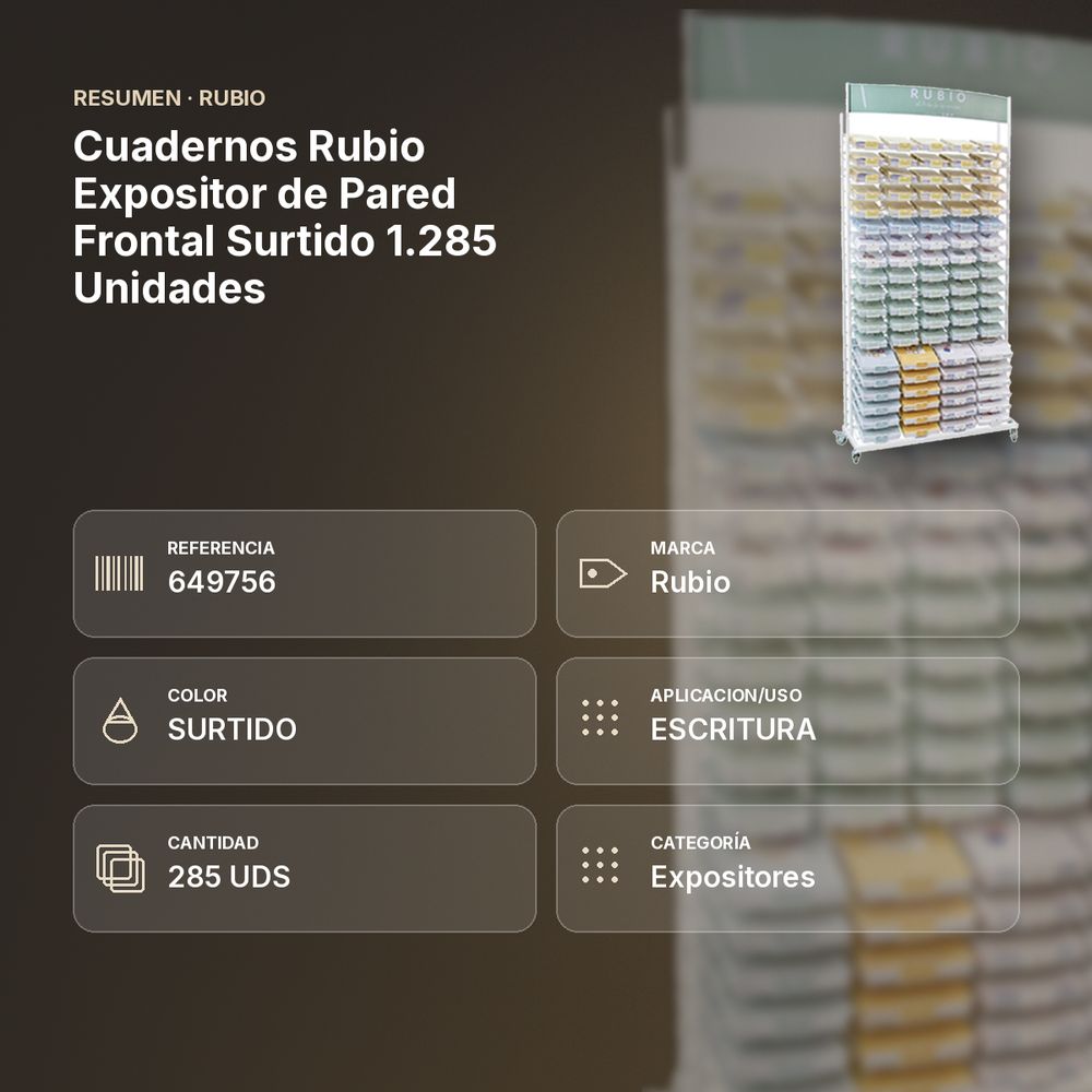 CUADERNOS RUBIO EXPOSITOR DE PARED FRONTAL SURTIDO 1.285 UNIDADES - resumen de atributos