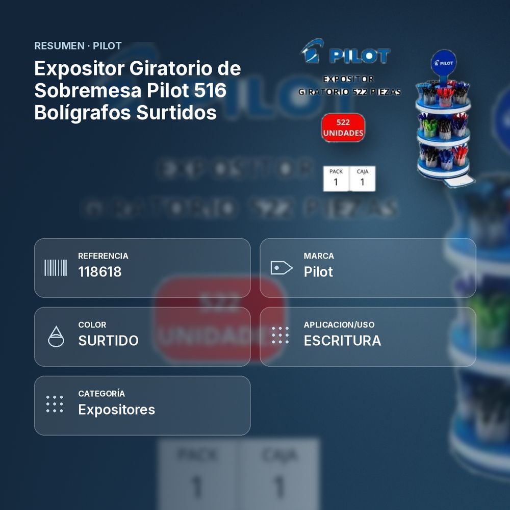 EXPOSITOR GIRATORIO DE SOBREMESA PILOT 516 BOLÍGRAFOS SURTIDOS - resumen de atributos