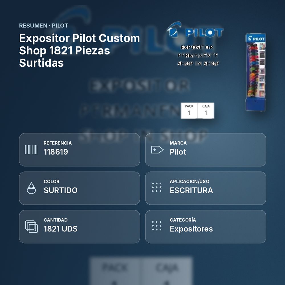 EXPOSITOR PILOT CUSTOM SHOP 1821 PIEZAS SURTIDAS - resumen de atributos