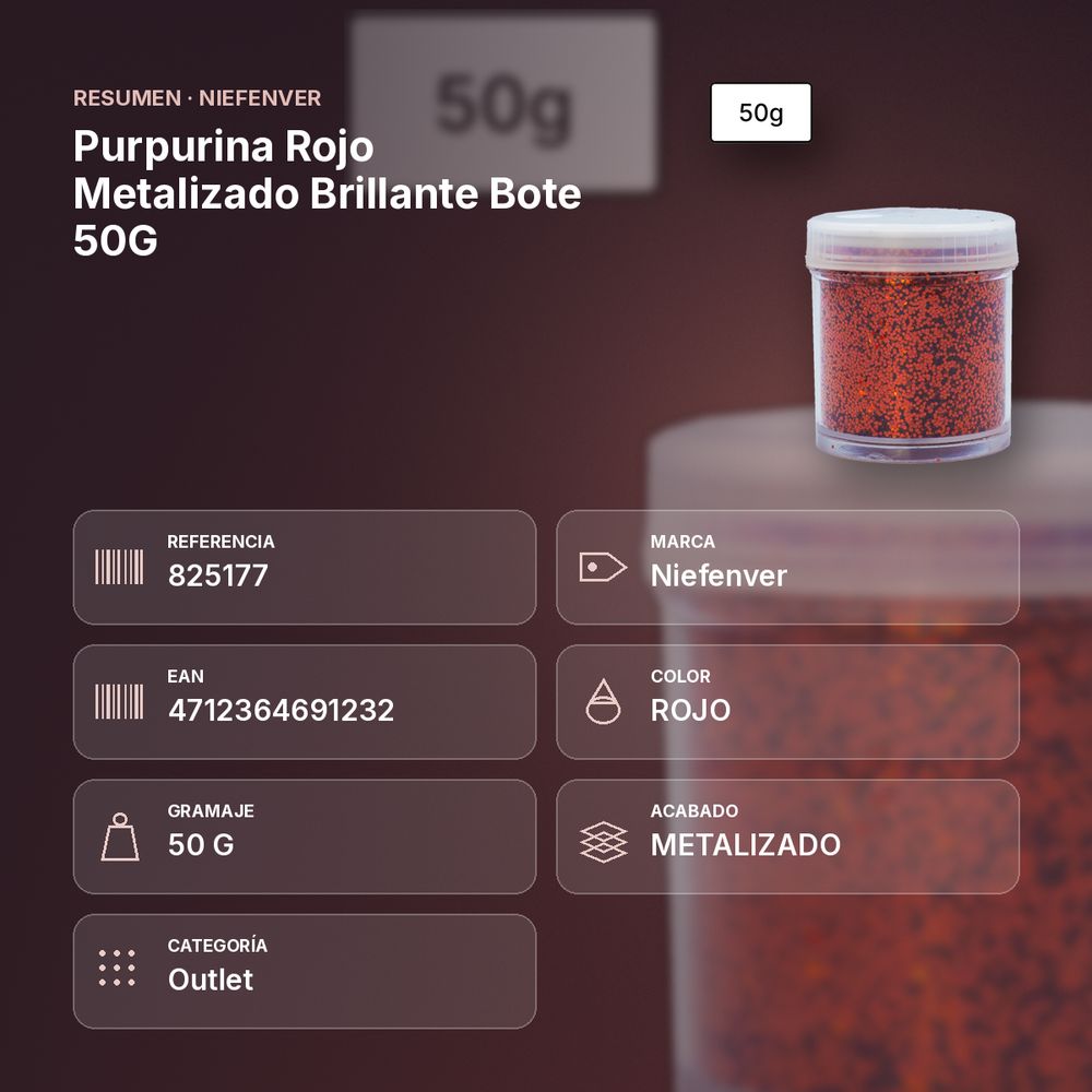 PURPURINA ROJO METALIZADO BRILLANTE BOTE 50G  - resumen de atributos