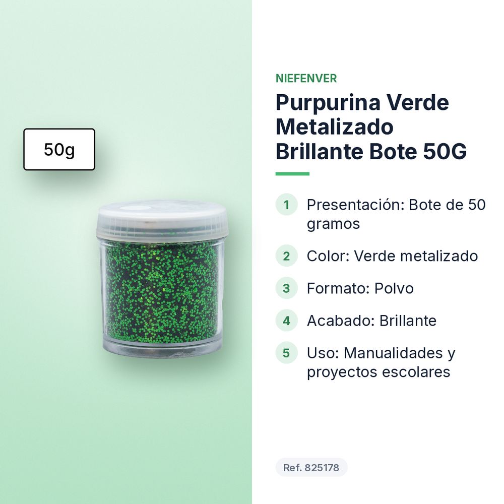 PURPURINA VERDE METALIZADO BRILLANTE BOTE 50G  - características principales