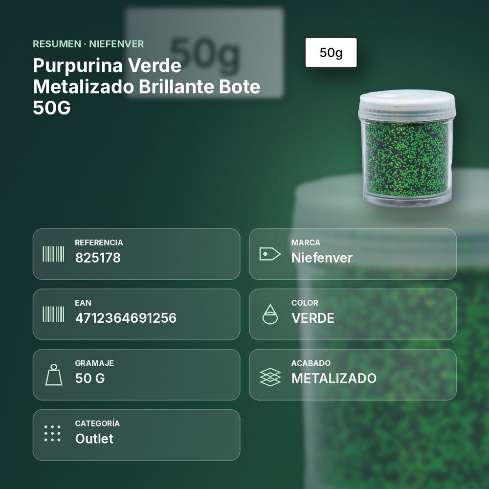 PURPURINA VERDE METALIZADO BRILLANTE BOTE 50G  - resumen de atributos