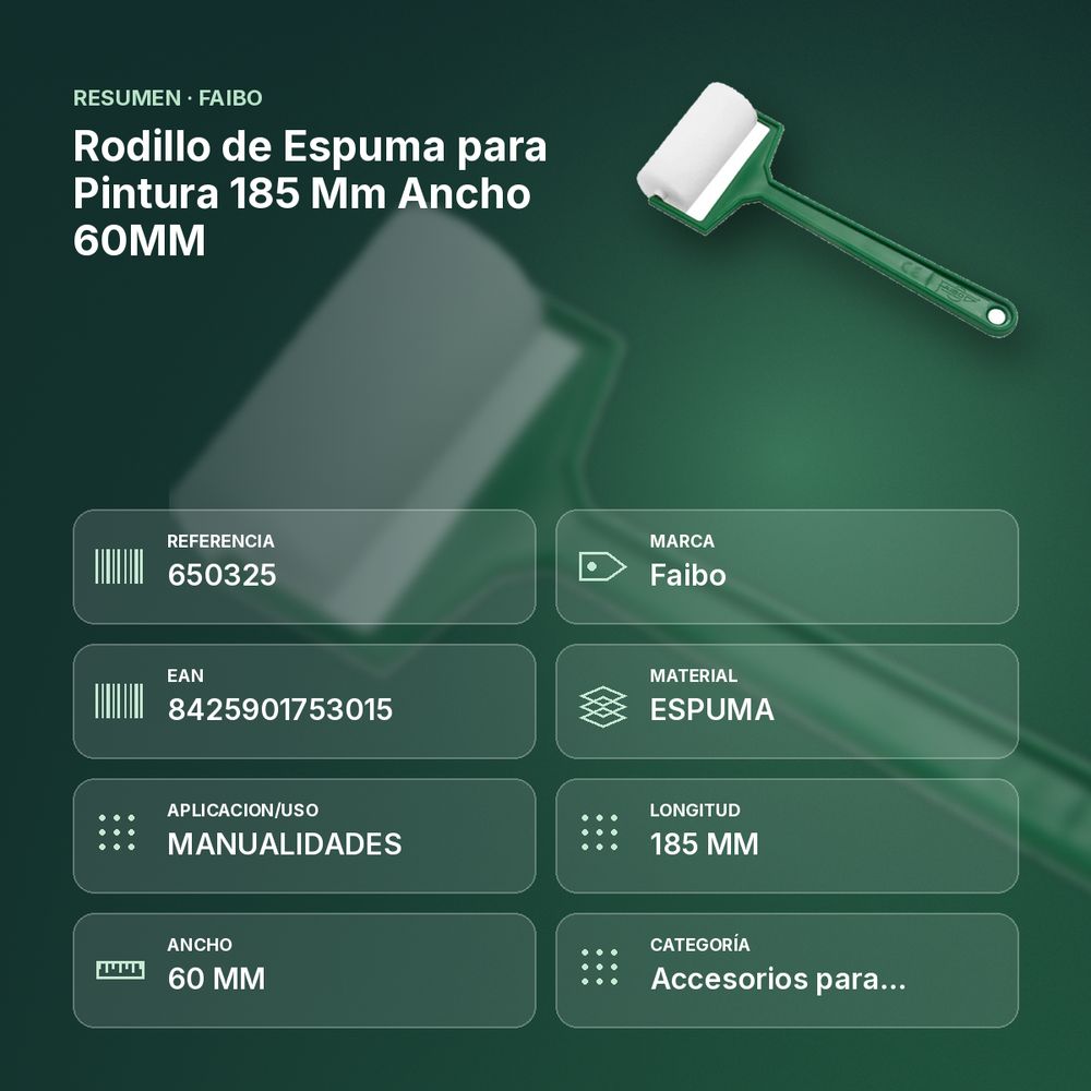 RODILLO DE ESPUMA PARA PINTURA 185 MM ANCHO 60MM - resumen de atributos