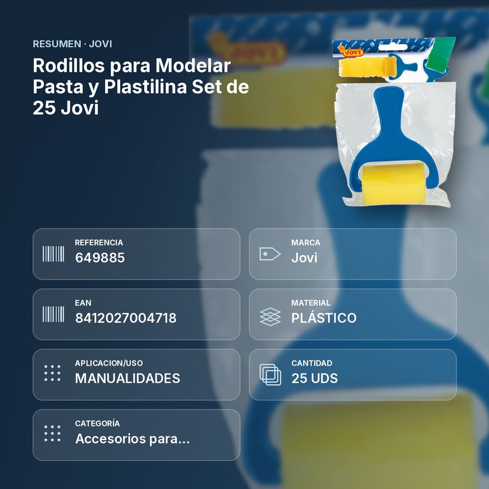RODILLOS PARA MODELAR PASTA Y PLASTILINA SET DE 25 JOVI - resumen de atributos