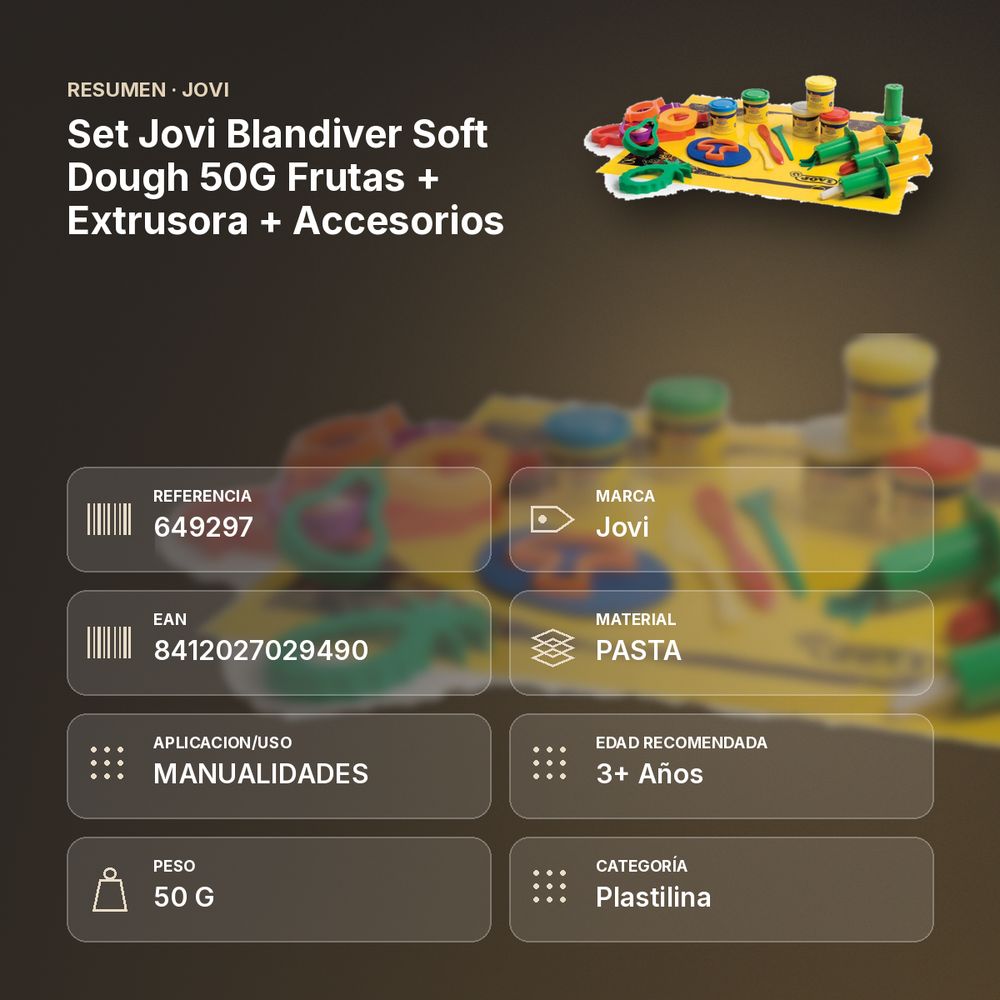 SET JOVI BLANDIVER SOFT DOUGH 50G FRUTAS + EXTRUSORA + ACCESORIOS - resumen de atributos