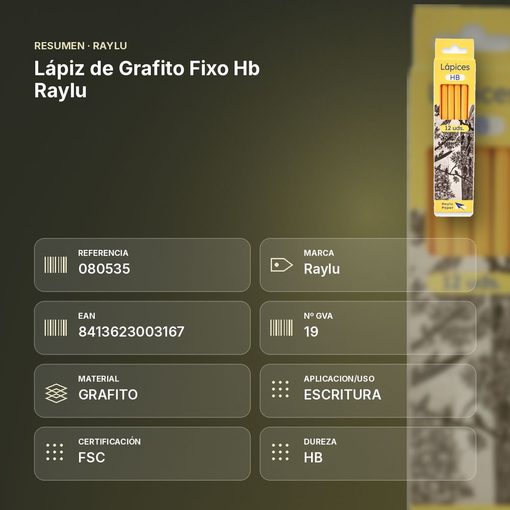 LÁPIZ DE GRAFITO FIXO HB RAYLU - resumen de atributos