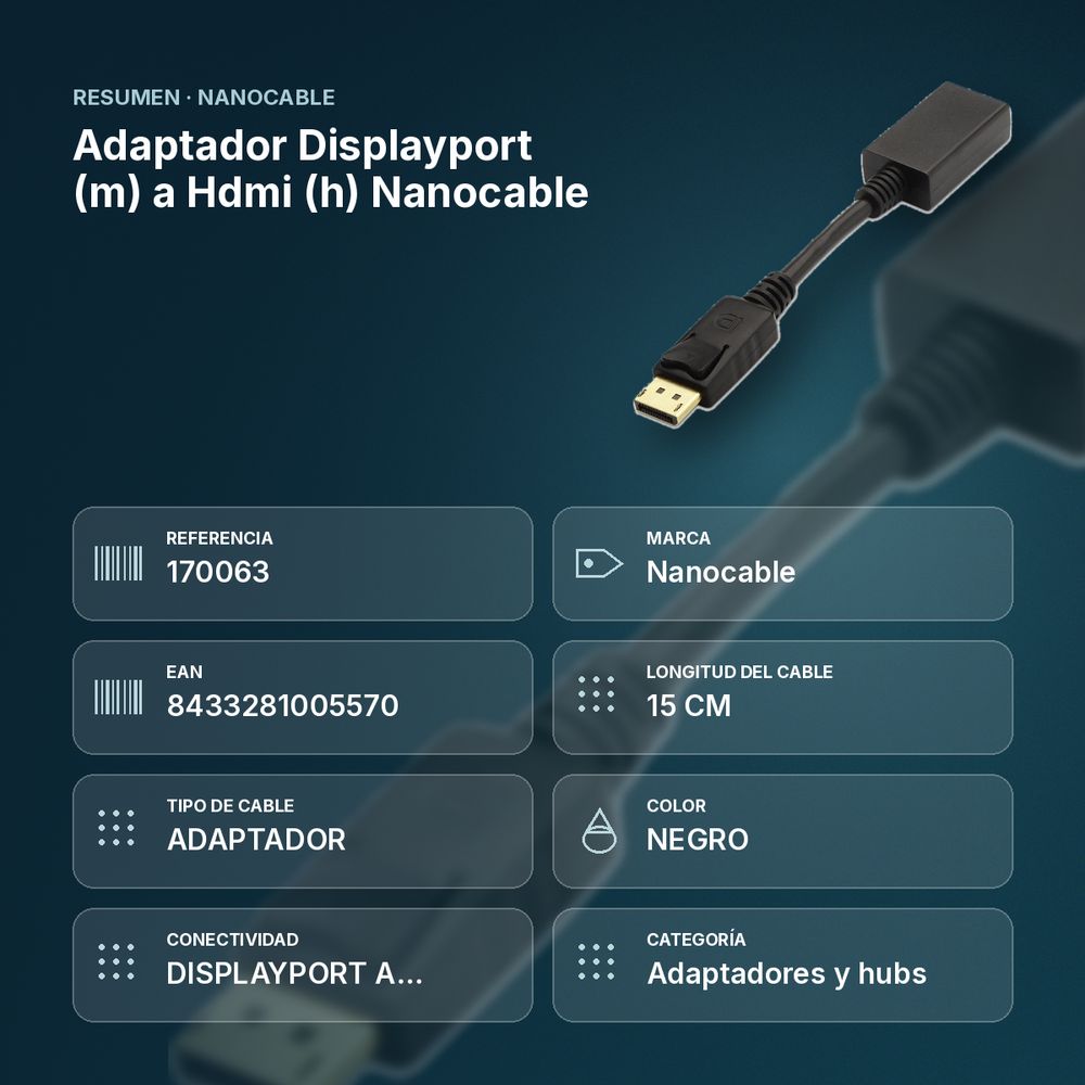 ADAPTADOR DISPLAYPORT (M) A HDMI (H) NANOCABLE - resumen de atributos