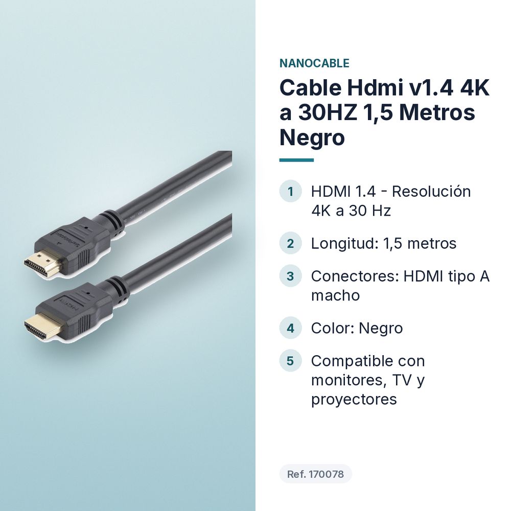 CABLE HDMI V1.4 4K A 30HZ 1,5 METROS NEGRO - características principales