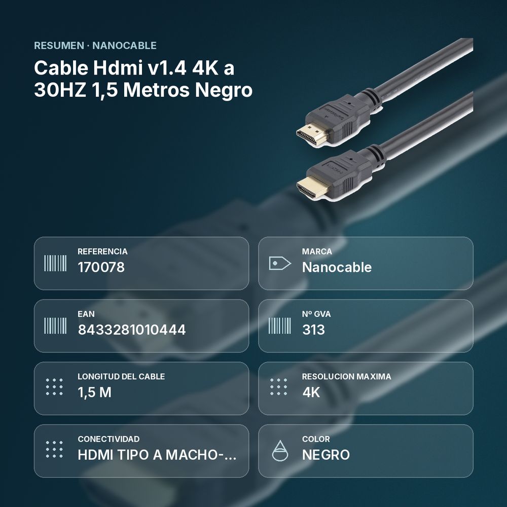 CABLE HDMI V1.4 4K A 30HZ 1,5 METROS NEGRO - resumen de atributos