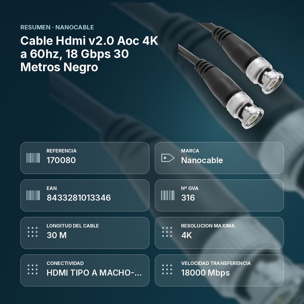 CABLE HDMI V2.0 AOC 4K A 60HZ, 18 GBPS 30 METROS NEGRO - resumen de atributos