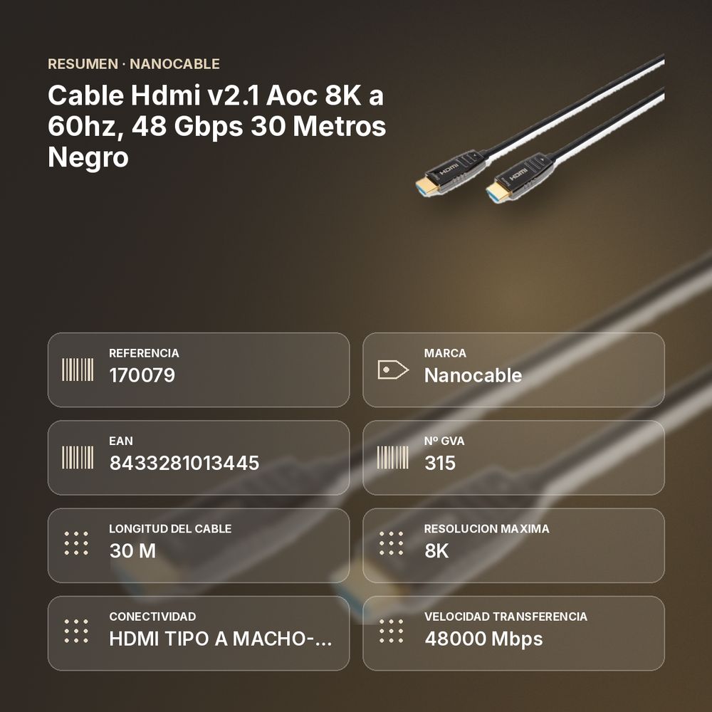 CABLE HDMI V2.1 AOC 8K A 60HZ, 48 GBPS 30 METROS NEGRO - resumen de atributos