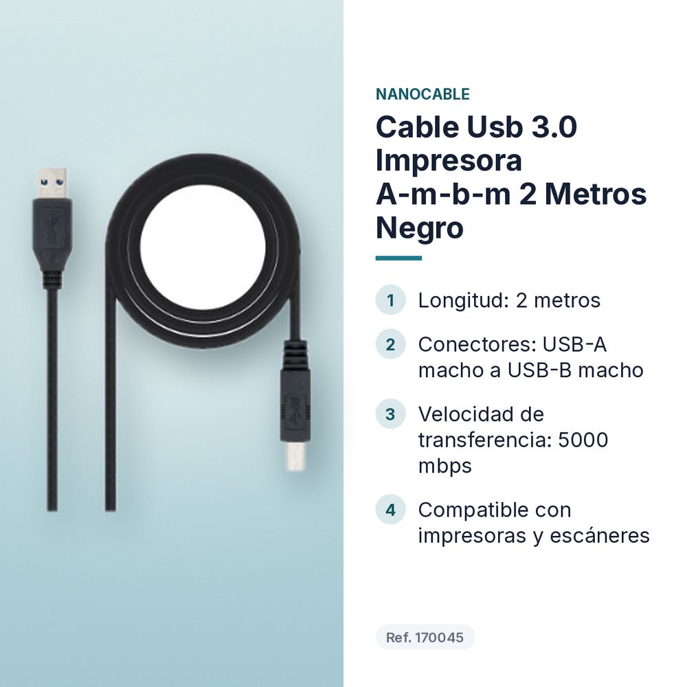 CABLE USB 3.0 IMPRESORA A-M-B-M  2 METROS NEGRO - características principales