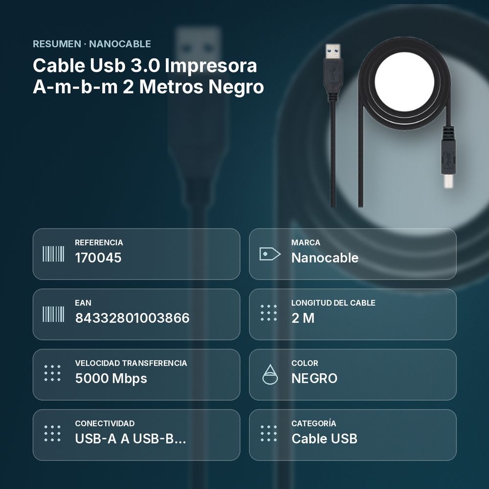 CABLE USB 3.0 IMPRESORA A-M-B-M  2 METROS NEGRO - resumen de atributos