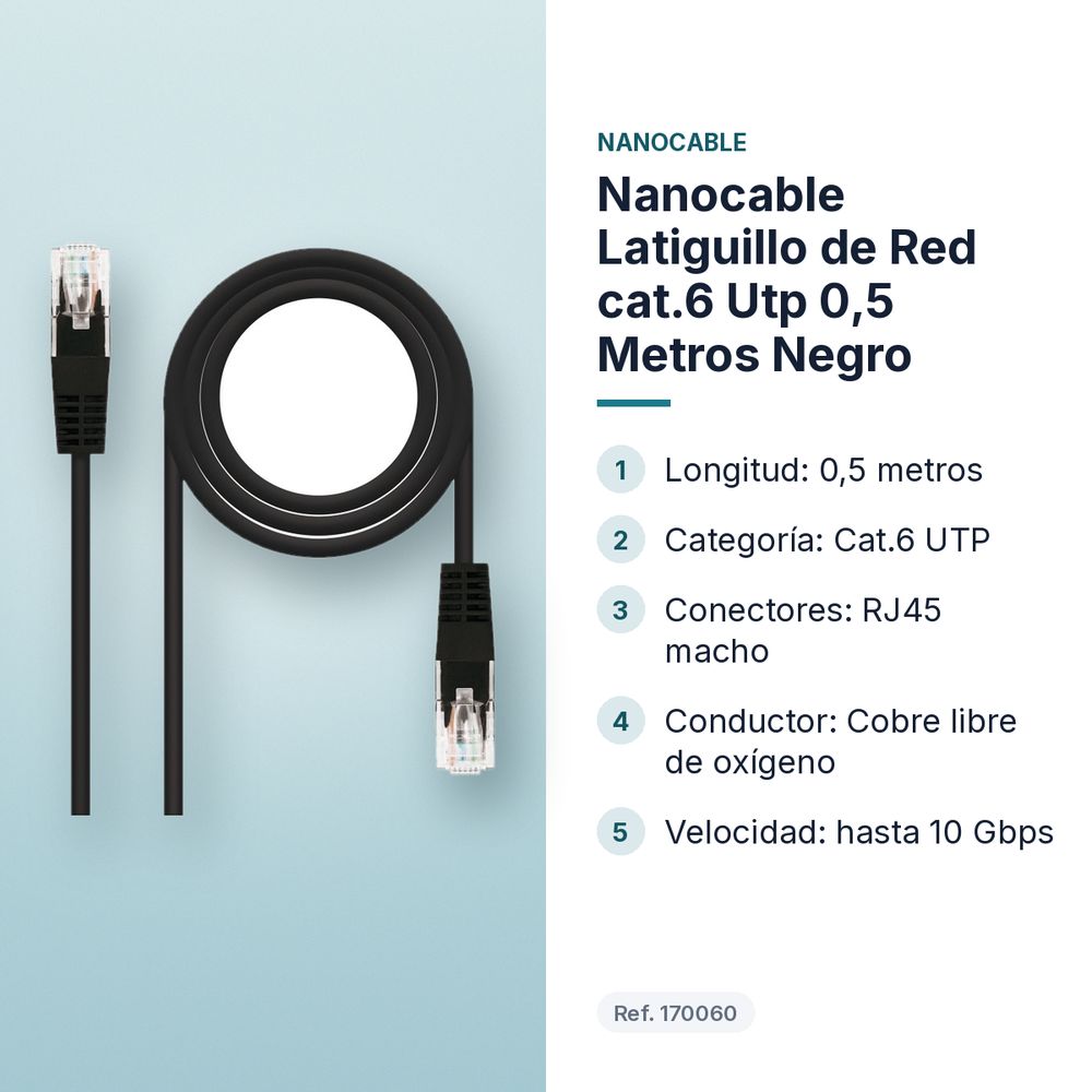 NANOCABLE LATIGUILLO DE RED CAT.6 UTP 0,5 METROS NEGRO - características principales
