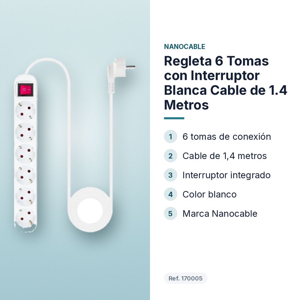 REGLETA 6 TOMAS CON INTERRUPTOR BLANCA CABLE DE 1.4 METROS - características principales