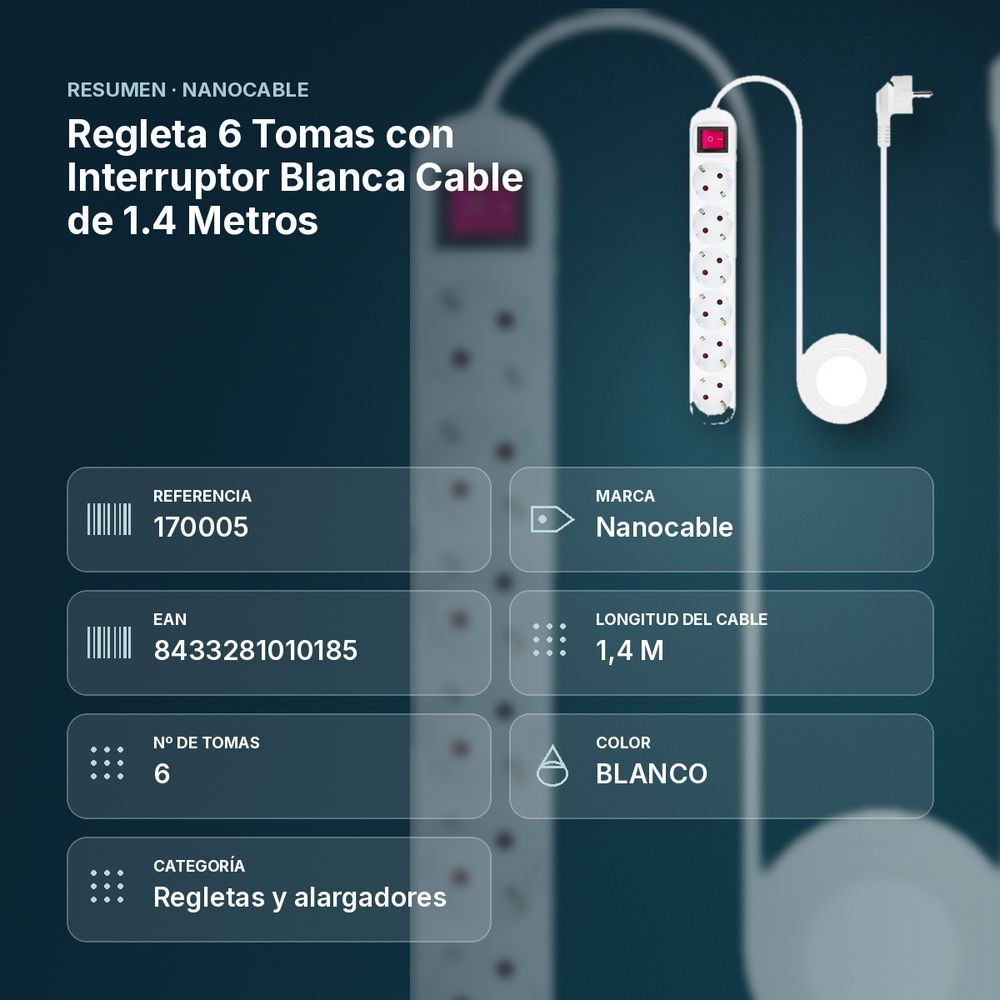 REGLETA 6 TOMAS CON INTERRUPTOR BLANCA CABLE DE 1.4 METROS - resumen de atributos